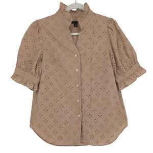 Ann Taylor Eyelet Blouse Womens XS Tan Ruffle Neck Puff Sleeve Cottage Boho Prep